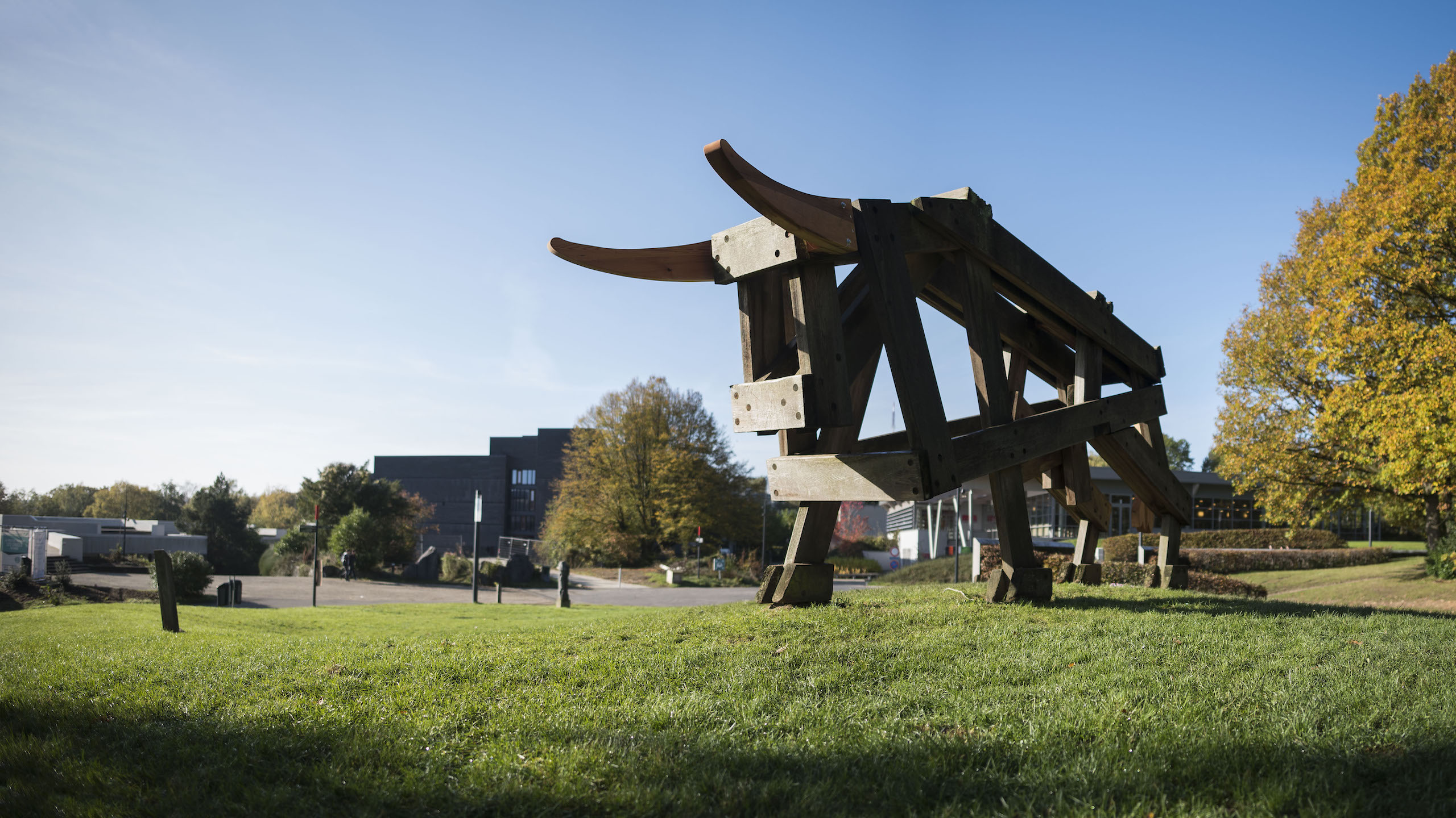 Bull made of wood in Sart Tilman open-air museum