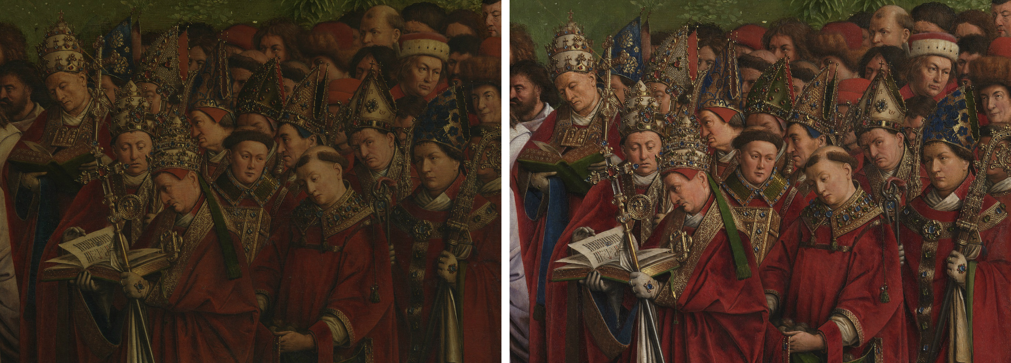 Before and after details of Ghent Altarpiece