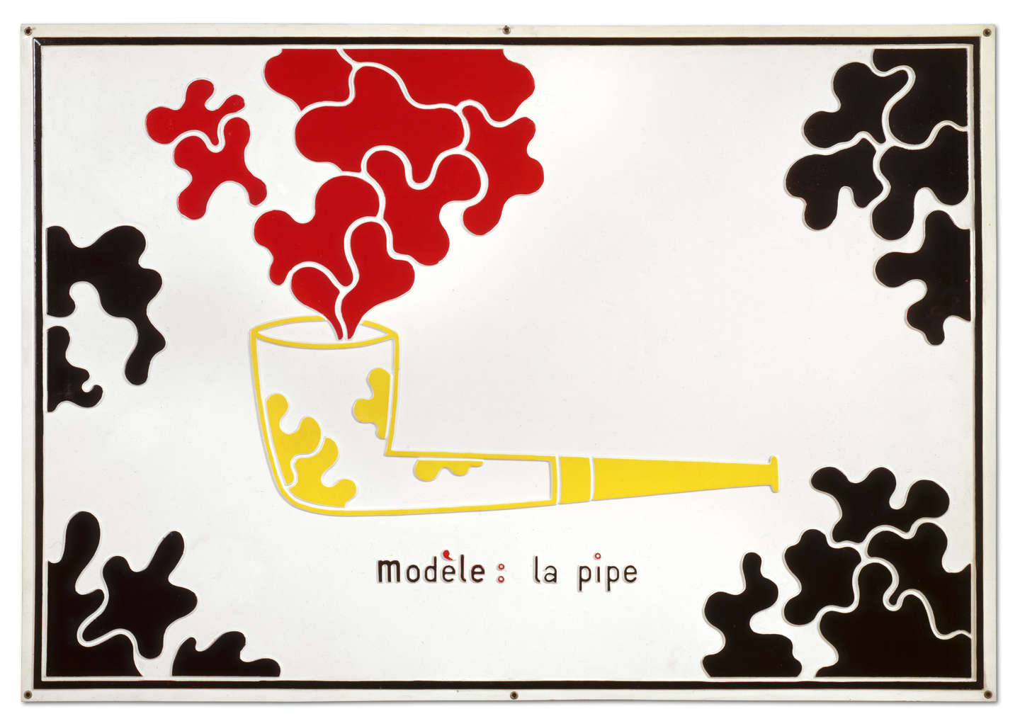 Marcel Broodthaers Poèmes Indistriels, lettres ouvertes, Modèle-la-pipe-1969-version-noire-rouge-et-jaune