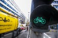 Illustration picture shows a newly installed bicycle path, in Rue de la Loi / Wetstraat in Brussels, with a maintenance lorry blocking the path (BELGA PHOTO LAURIE DIEFFEMBACQ)