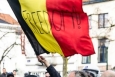 A Belgian flag with the word Freedom written on it during the Freedom Convoy protest in central Brussels - via Twitter