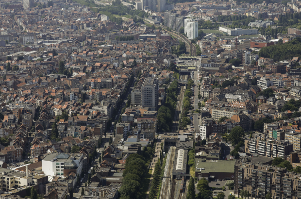An aerial view of the Brussels Metro line 6 with stations Belgica (front C) and Simonis (top C) as a police helicopter flies over the city center of Brussels, Tuesday 26 June 2018. BELGA PHOTO THIERRY ROGE