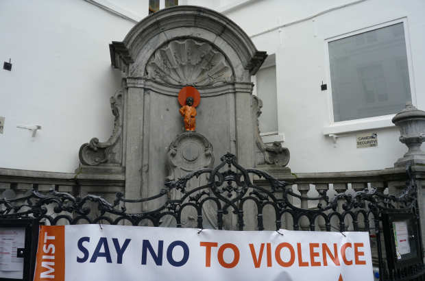 Illustration picture shows the Manneken Pis statue in a special costume on the occasion of the National Feminist Manifestation on the occasion of the International Day for the Elimination of Violence against Women, Sunday 25 November 2018 in Brussels. BELGA PHOTO OPHELIE DELAROUZEE