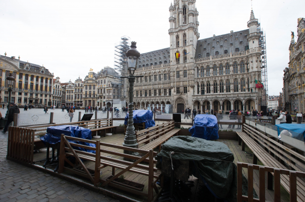 Illustration picture shows empty terraces on the Grand Place - Grote Markt in Brussels. (BELGA PHOTO NICOLAS MAETERLINCK)