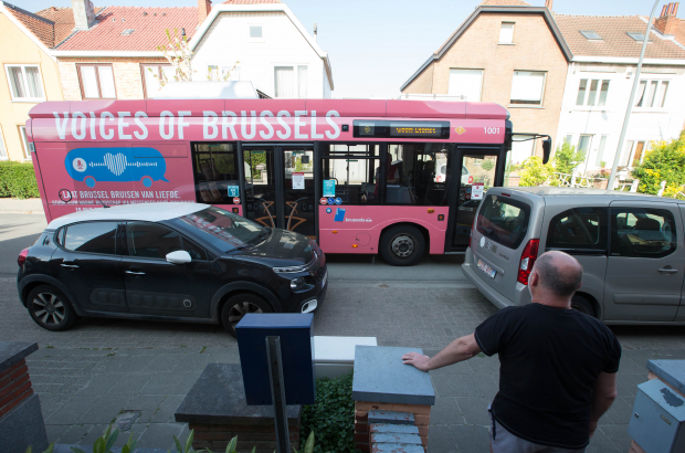 Illustration picture shows the 'Voices of Brussels' electric bus of urban transport company MIVB/ STIB riding through the city delivering residents' messages at high volume, Friday 17 April 2020. (BELGA PHOTO NICOLAS MAETERLINCK)