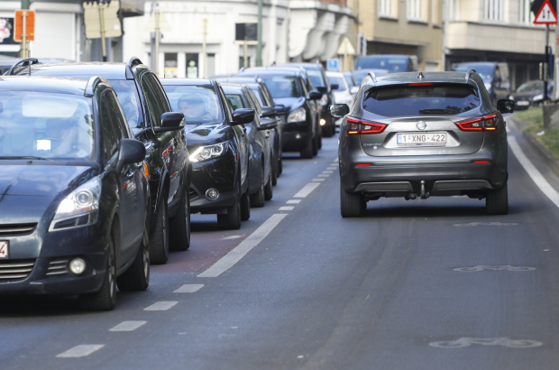 Illustration picture shows traffic jam near the Leopold II road tunnel, in Brussels, Monday 27 April 2020. (BELGA PHOTO THIERRY ROGE)