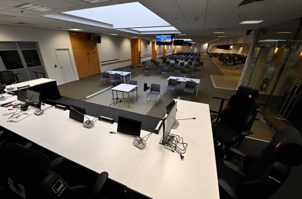 Illustration shows a visit to 'Justitia', the new courtroom at the former Nato headquarters building, in Haren, Brussels, Thursday 03 December 2020. 'Justitia' will accommodate the biggest trials in Belgium. (BELGA PHOTO ERIC LALMAND)