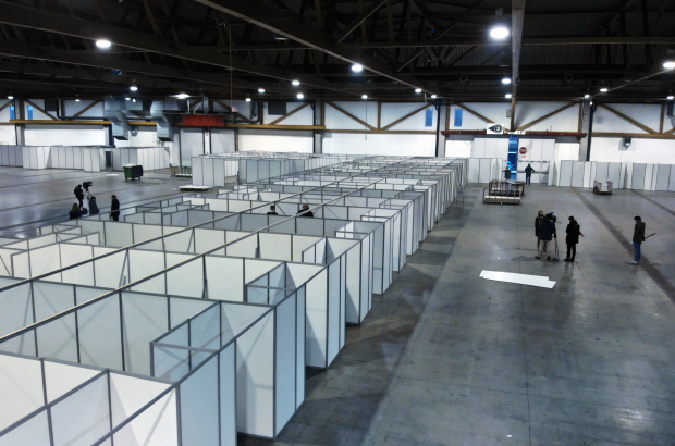 Illustration picture shows the Brussels Expo exposition halls at Palais 1, Heysel, one of the locations where a vaccination village is installed in the Brussels region, Thursday 28 January 2021. (BELGA PHOTO ERIC LALMAND)