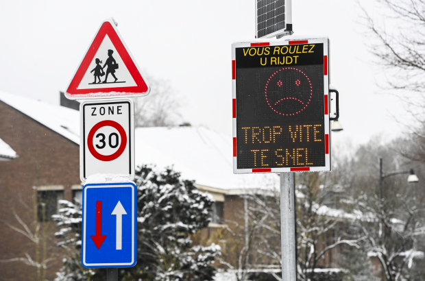 Illustration picture shows a warning for exceeding the speed limit in a zone 30 area with maximum speed limited to 30km/h, in Brussels, Monday 08 February 2021. (BELGA PHOTO LAURIE DIEFFEMBACQ)