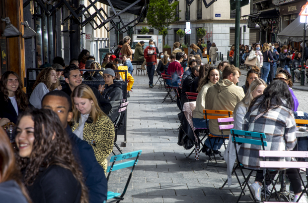 Illustration picture shows the reopened outside terraces of bars and restaurants, Saturday 08 May 2021, in Brussels. Restaurants and bars remained closed for almost seven months due to the Covid-19 pandemic. (BELGA PHOTO HATIM KAGHAT)