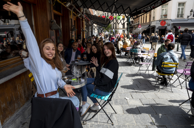 Illustration picture shows the outside terraces of bars and restaurants, Saturday 08 May 2021, in Brussels. Restaurants and bars remained closed for almost seven months due to the Covid-19 pandemic and can reopen their outside space for customers. (BELGA PHOTO HATIM KAGHAT)