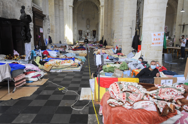 Illustration picture shows the undocumented migrants demanding regularisation by occupying the Saint John the Baptist at the Beguinage - Sint-Jan Baptist ten Begijnhofkerk - Eglise Saint-Jean-Baptiste-au-Beguinage church, in Brussels. (BELGA PHOTO LAURIE DIEFFEMBACQ)