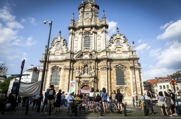 Illustration shows an action in support of a hunger strike by people without papers occupying the Saint John the Baptist at the Beguinage - Sint-Jan Baptist ten Begijnhofkerk - Eglise Saint-Jean-Baptiste-au-Beguinage church in Brussels, Monday 19 July 2021. (BELGA PHOTO HATIM KAGHAT)