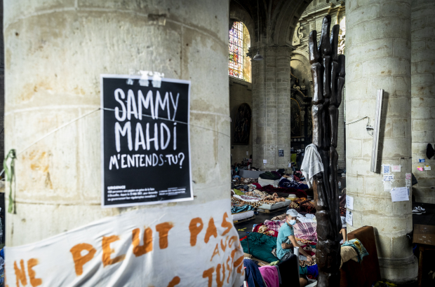 Illustration shows the scene of a hunger strike by people without papers occupying the Saint John the Baptist at the Beguinage - Sint-Jan Baptist ten Begijnhofkerk - Eglise Saint-Jean-Baptiste-au-Beguinage church in Brussels, Monday 19 July 2021. (BELGA PHOTO HATIM KAGHAT)