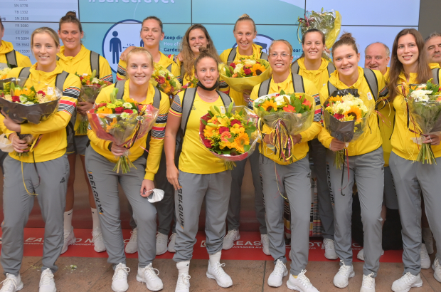 Belgian Cats' players pictured at the return of several Belgian athletes, after the 'Tokyo 2020 Olympic Games' in Tokyo, Japan, in the arrivals hall at Brussels Airport, in Zaventem, on Saturday 07 August 2021. (BELGA PHOTO DAVID STOCKMAN)