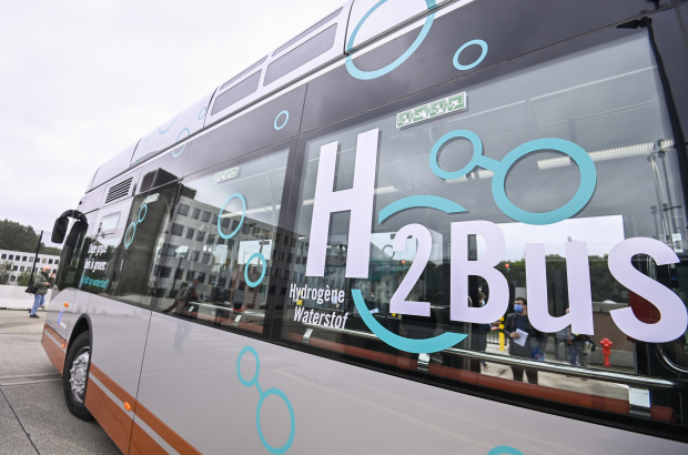 Illustration picture shows the presentation of the first bus on hydrogen fuel of Brussels public transport company STIB - MIVB, Monday 23 August 2021 in Brussels. (BELGA PHOTO LAURIE DIEFFEMBACQ)