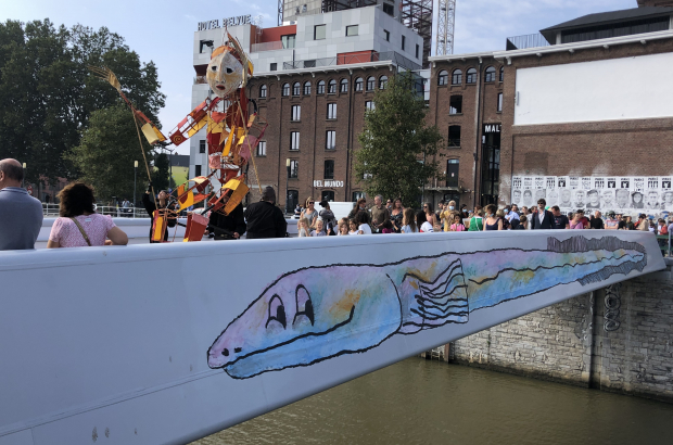 Two pedestrian bridges crossing the Brussels canal are officially opened on Saturday 04 September 2021. BELGA PHOTO NILS QUINTELIER