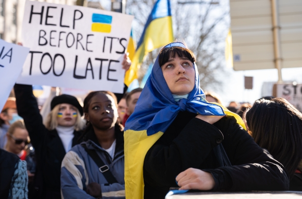 Illustration picture shows a protest action at the Permanent Mission of the Russian Federation to the United Nations, urging to stop the war in Ukraine, Saturday 26 February 2022 in Brussels. (BELGA PHOTO JULIETTE BRUYNSEELS)
