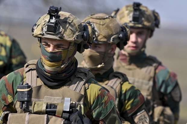 Belgian soldiers pictured during a visit of the Belgian Defence Minister Dedonder to the Belgian army detachment in Constanta, at the Black Sea in Romania, Tuesday 15 March 2022. (BELGA PHOTO DIRK WAEM)