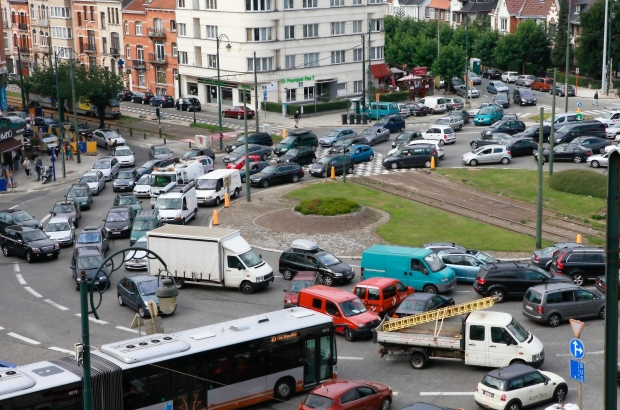 General view from a building shows the General Meiser square in Schaerbeek - Schaarbeek municipality, Brussels, with traffic and public transport. (BELGA PHOTO BAS BOGAERTS)