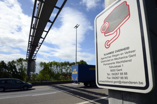 A sign on a Belgian motorway warning drivers of a speed camera in operation (BELGA PHOTO DIRK WAEM)