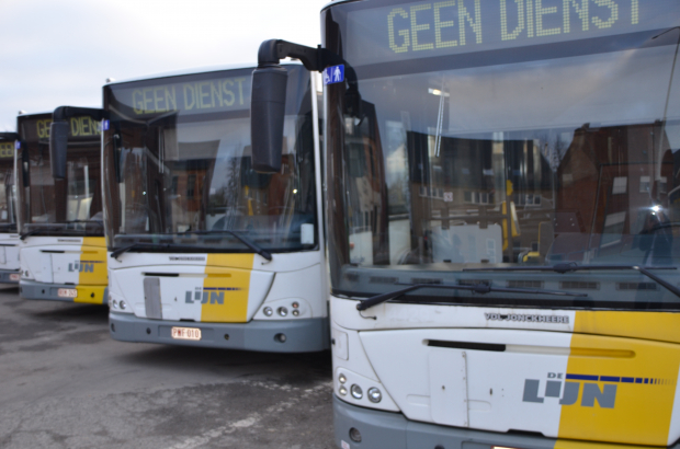 Buses operated by De Lijn stand idle at the depot during a previous strike (BELGA PHOTO KRISTOF DEBECKER)