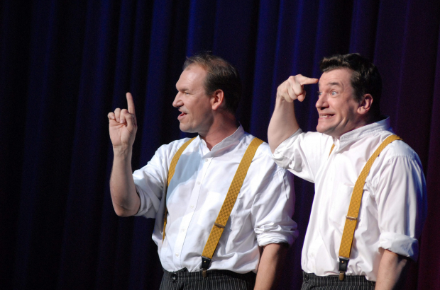 Belgian comic duo Les Freres Taloches (Bruno, left, Vincent, right) perform at the Cirque Royal, Brussels (BELGA PHOTO MATHIEU CAPOEN)