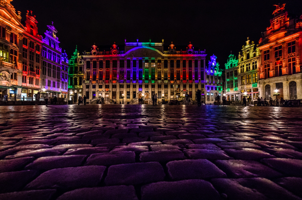 Illustration picture shows the heritage buildings on the Brussels Grand Place / Grote Markt lit up in the colours of the LGBTQI+ rainbow flag in the Brussels city centre. (BELGA PHOTO SISKA GREMMELPREZ)
