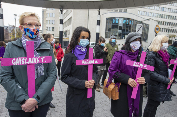 Minister Karine Lalieux (L) pictured during an awareness action organised by Mirabal against the violence towards women, Sunday 22 November 2020 in Brussels. (BELGA PHOTO NICOLAS MAETERLINCK)