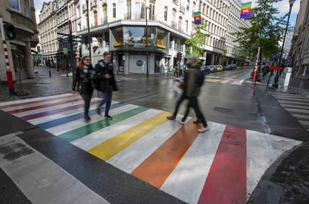 Illustration picture shows a pedestrian crossing in rainbow colors, to raise awareness for discrimination against LGBTQI+ people, in the city center of Brussels on Sunday 16 May 2021. (BELGA PHOTO NICOLAS MAETERLINCK)