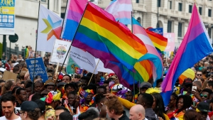 People gather for the 24th edition of the 'Belgian Pride', a manifestation of lesbian, gay, bisexual and transgender oriented people, Saturday 18 May 2019 in Brussels. BELGA PHOTO NICOLAS MAETERLINCK