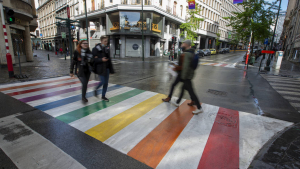 Illustration picture shows a pedestrian crossing in rainbow colors, to raise awareness for discrimination against LGBTQI+ people, in the city center of Brussels on Sunday 16 May 2021. (BELGA PHOTO NICOLAS MAETERLINCK)