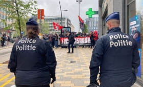 Protesters at NatCon Conference in Saint-Josse in Brussels