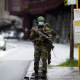 Illustration shows soldiers near the building of DPG media near Antwerp central station which was partly evacuated after they received a threatening letter, in Antwerp Monday 24 May 2021. (BELGA PHOTO KRISTOF VAN ACCOM)