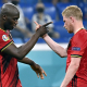 Belgium's Romelu Lukaku and Belgium's Kevin De Bruyne celebrate a goal during the game between Finland and Belgium's Red Devils, the third game in the group stage (group B) of the 2020 UEFA European Football Championship, on Monday 21 June 2021 in Saint Petersburg, Russia. (BELGA PHOTO DIRK WAEM)