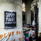 Illustration shows the scene of a hunger strike by people without papers occupying the Saint John the Baptist at the Beguinage - Sint-Jan Baptist ten Begijnhofkerk - Eglise Saint-Jean-Baptiste-au-Beguinage church in Brussels, Monday 19 July 2021. (BELGA PHOTO HATIM KAGHAT)