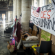 Illustration shows banners at the site of a hunger strike by people without papers occupying the Saint John the Baptist at the Beguinage - Sint-Jan Baptist ten Begijnhofkerk - Eglise Saint-Jean-Baptiste-au-Beguinage church in Brussels, Monday 19 July 2021. ( BELGA PHOTO HATIM KAGHAT)