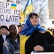 Illustration picture shows a protest action at the Permanent Mission of the Russian Federation to the United Nations, urging to stop the war in Ukraine, Saturday 26 February 2022 in Brussels. (BELGA PHOTO JULIETTE BRUYNSEELS)