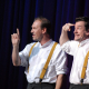 Belgian comic duo Les Freres Taloches (Bruno, left, Vincent, right) perform at the Cirque Royal, Brussels (BELGA PHOTO MATHIEU CAPOEN)